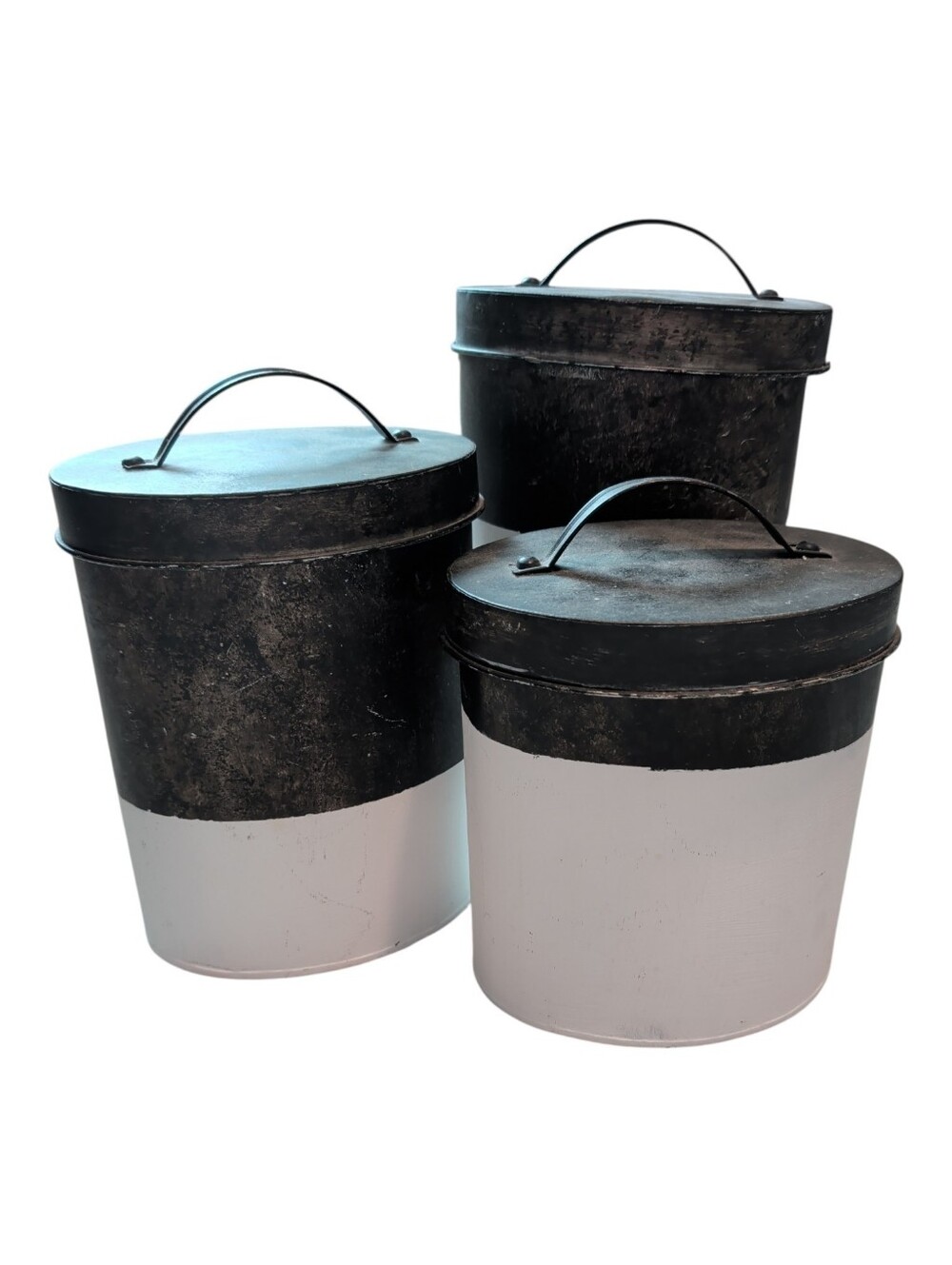 Set of 3 Two-Tone Metal Storage Canisters in Black and White